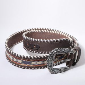 A stylish, patterned belt with an ornate buckle.